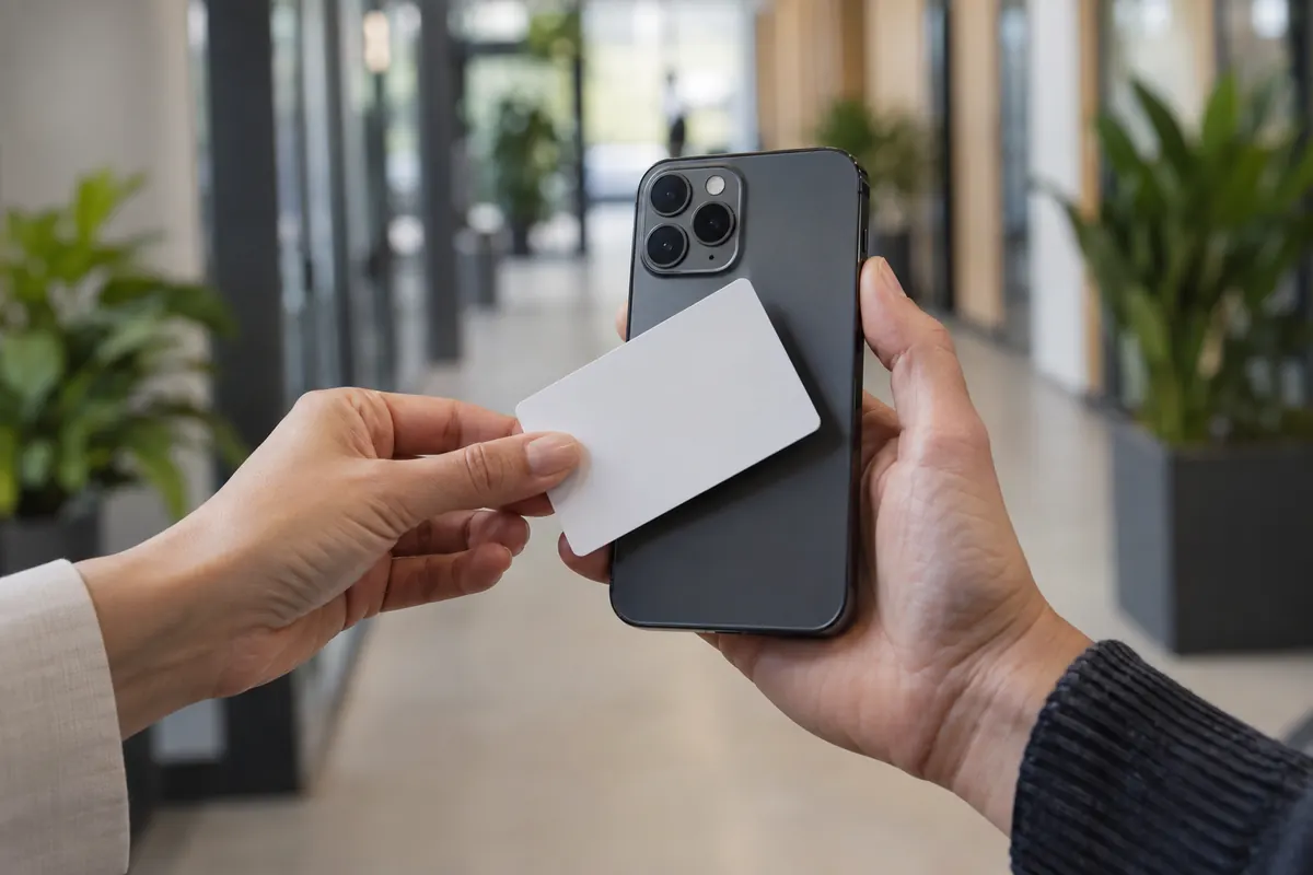 Réunion d’équipe dans un bureau lumineux avec smartphones et cartes NFC.