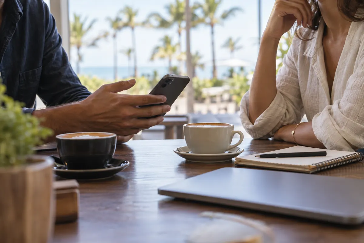 Bureau d’indépendant sur une terrasse ombragée avec smartphone et carte NFC.